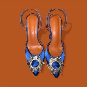 Amina Muaddi Blue Satin Heels with Silver Embellishment